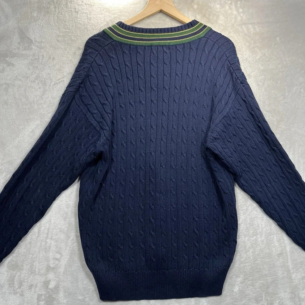 Vintage J.CREW Oarsman Sweater Mens M Blue Cable Knit V Neck Cricket Cotton